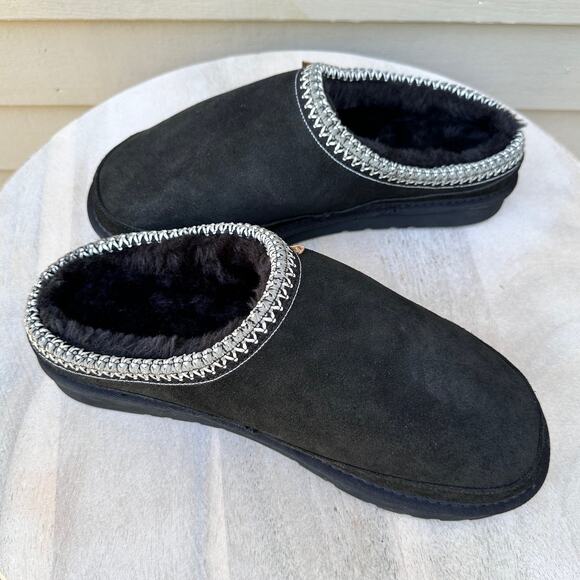 Lamo Womens Size 12 Suede Slippers Black Cirrus Footbed Cozy Fur Lined Slip-On - Picture 6 of 12